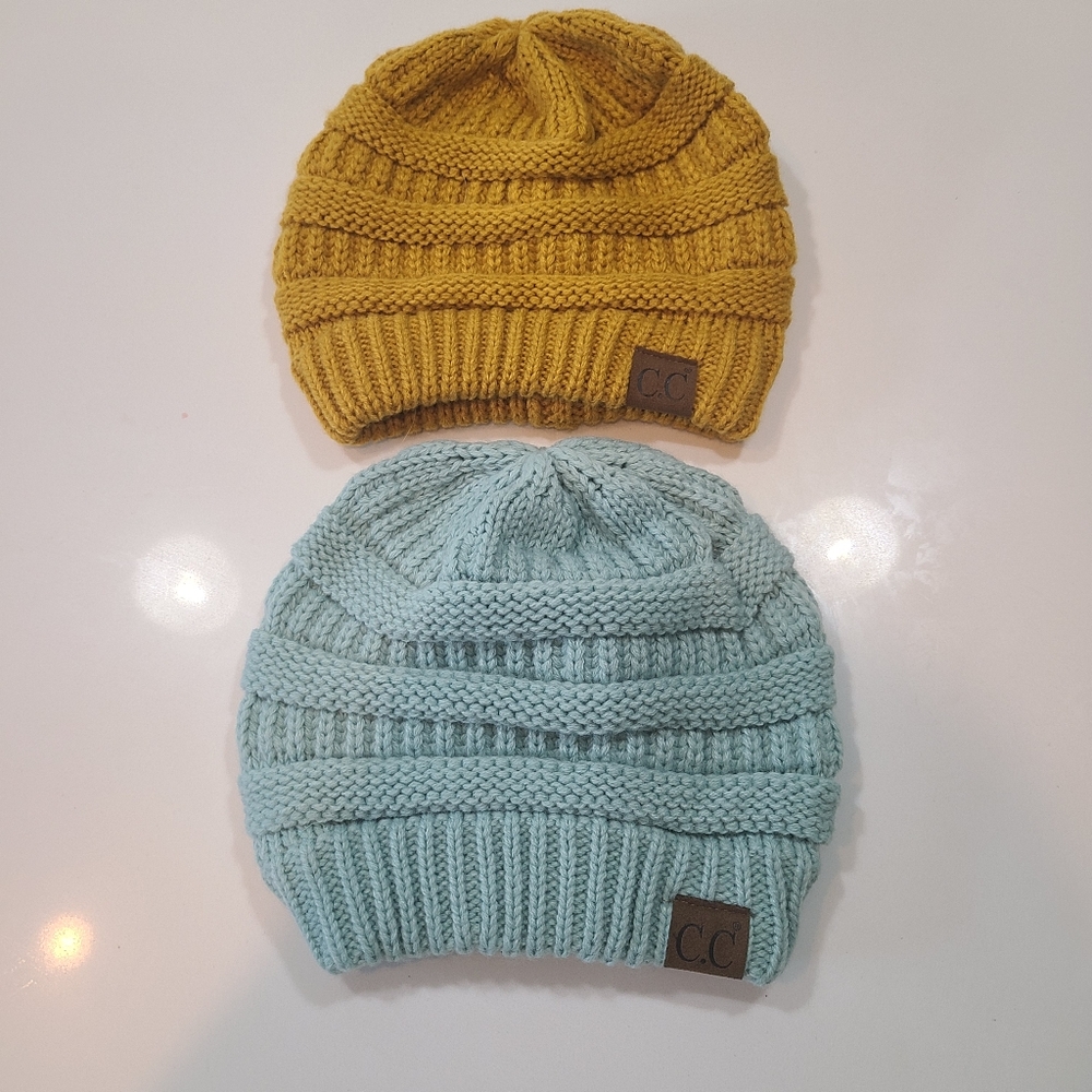 C.C. Knit Beanie Set Yellow and Blue in One Size